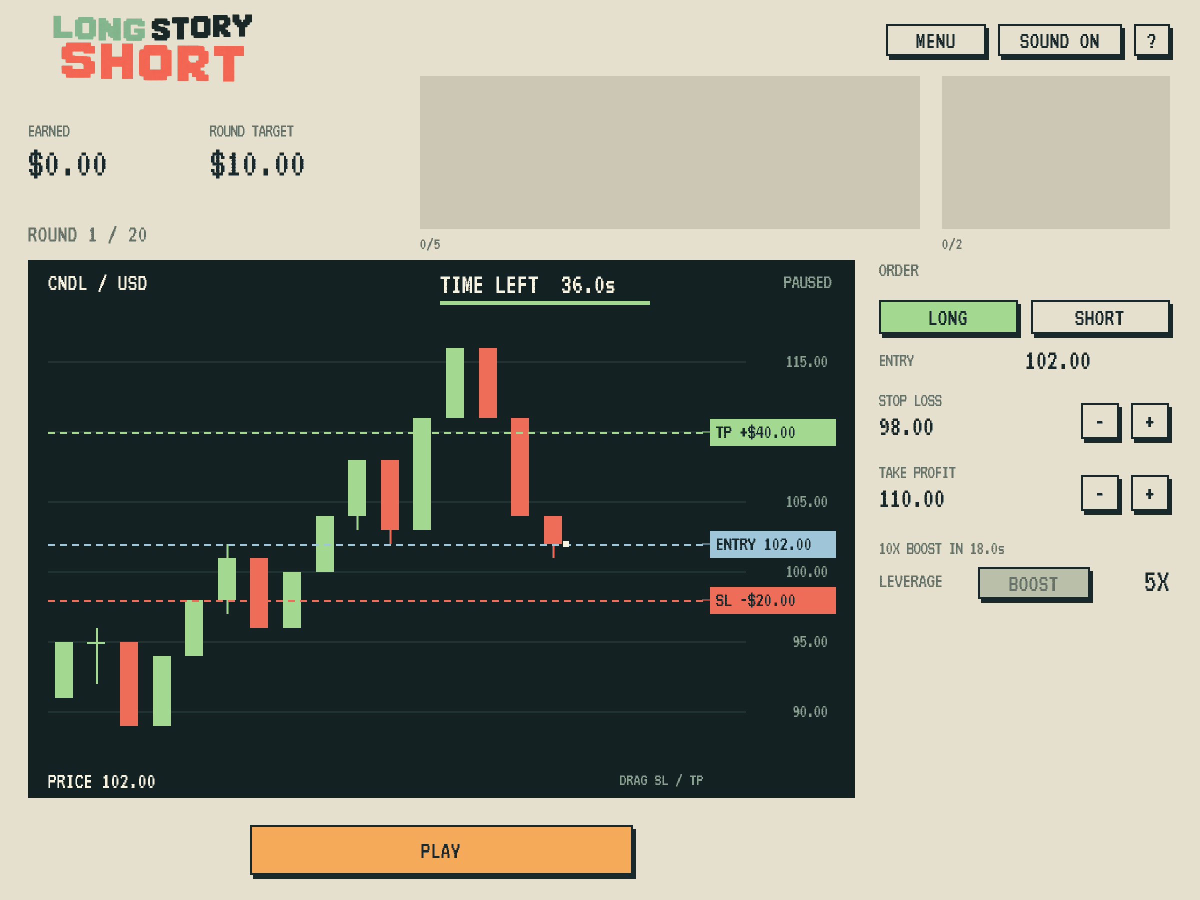 Actual gameplay: a candlestick chart with Long and Short controls, a round target, and a 36-second timer.